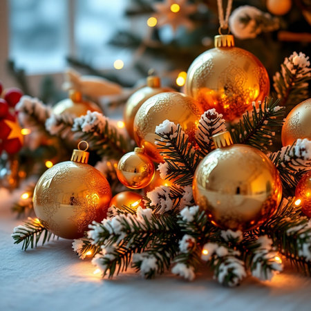 Christmas decoration with fir branches, golden balls and bokeh lightsの素材