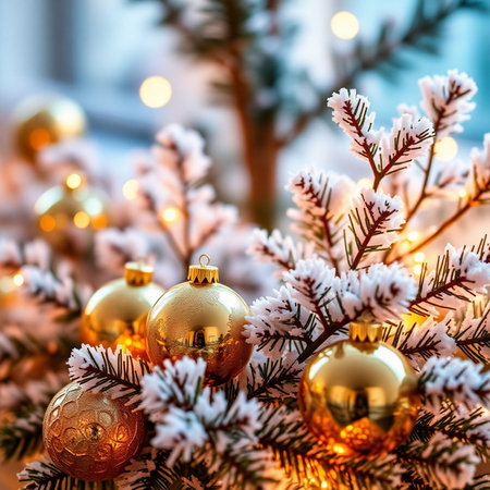 Christmas tree branches with golden baubles on bokeh backgroundの素材