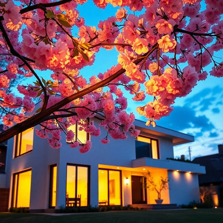 Cherry blossoms in front of a modern house at night.の素材