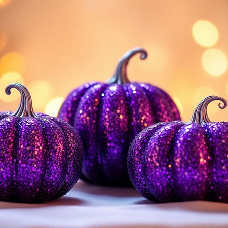 Halloween decoration with purple pumpkins on bokeh background.の素材
