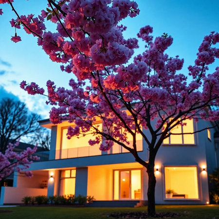 Cherry blossoms in front of a modern house at dusk.の素材