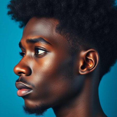Close-up portrait of a beautiful African American woman on blue background.の素材