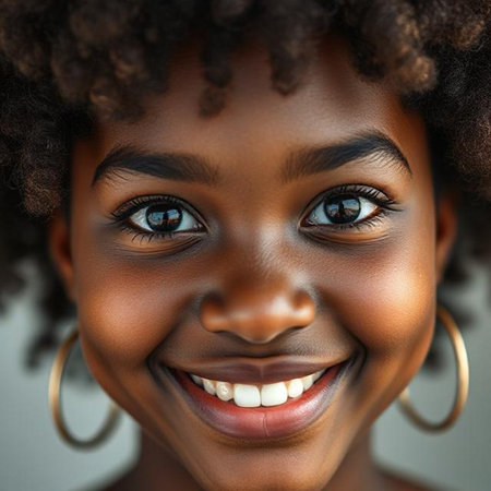 Close up portrait of a beautiful African American woman smiling.の素材