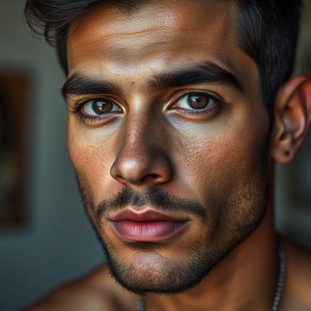 Closeup portrait of a young handsome Indian man with brown eyes.の素材