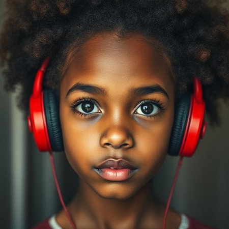 Beautiful african american girl listening to music with headphones.の素材