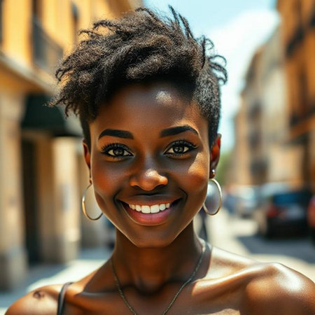 Close up portrait of a beautiful African American woman smiling.の素材