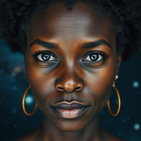 Close up portrait of a beautiful African American woman with dark skin and curly hair.の素材