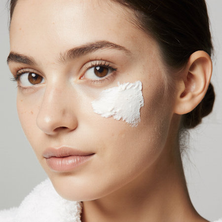 Young beautiful woman with cosmetic cream on her face. Face care.の素材