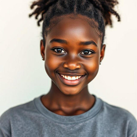 Closeup portrait of a smiling African American teen girl looking at cameraの素材