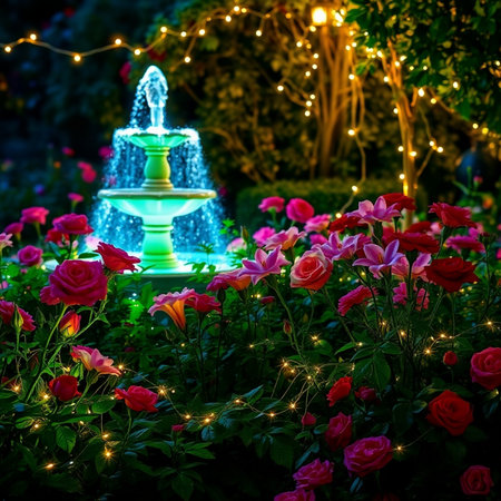 Flower garden with fountain and lights at night. Selective focus.の素材