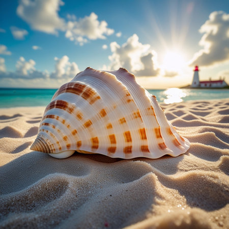 Seashell on the sandy beach with a lighthouse in the backgroundの素材