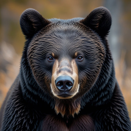 Close-up portrait of a grizzly bear in the autumn forestの素材
