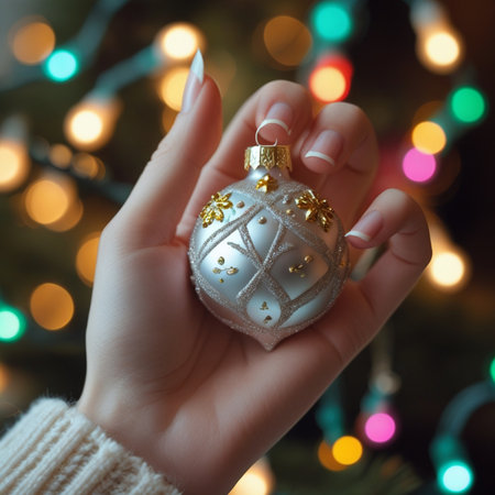 Female hands hold silver christmas ball on bokeh background.の素材