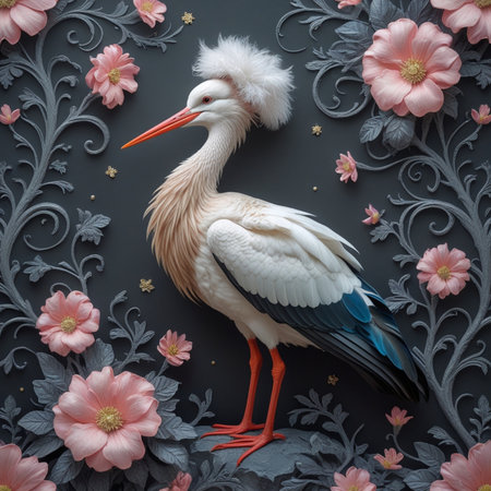 White stork with pink flowers on a dark background. 3d renderingの素材