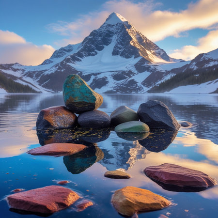 Mountain lake with pebbles and reflection of Matterhorn at sunset, Switzerlandの素材