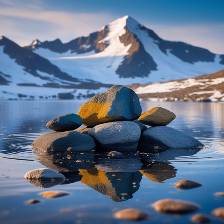 Beautiful mountain landscape with snow-capped peaks reflected in waterの素材
