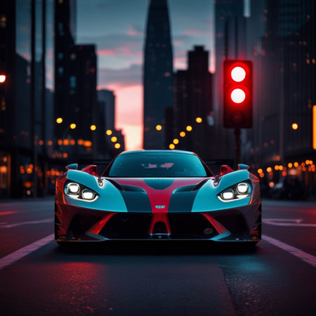 Side view of a blue sports car in the city at night.の素材