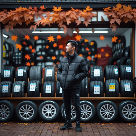 young Asian man in winter jacket standing near car tires in shopの素材