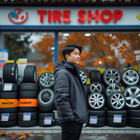 Young Asian man standing in front of tire shop in autumn seasonの素材