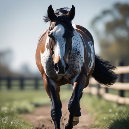 Portrait of a horse running in the paddock on a sunny dayの素材