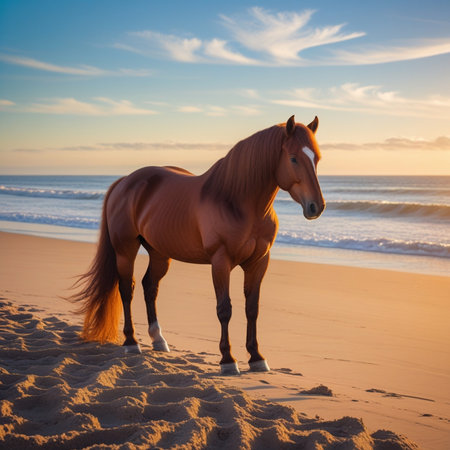 Horse on the beach at sunset. Beautiful seascape.の素材