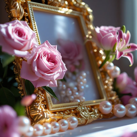 beautiful pink roses and pearls on a mirror, close upの素材