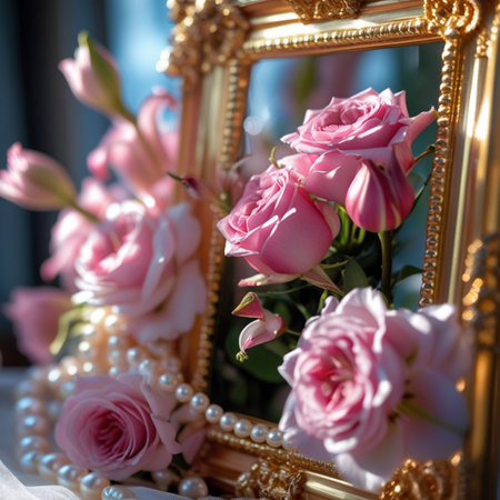Bouquet of beautiful pink roses and pearls on a mirrorの素材