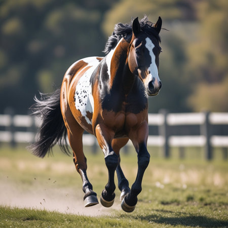 Beautiful welsh cob stallion running on the field in autumnの素材