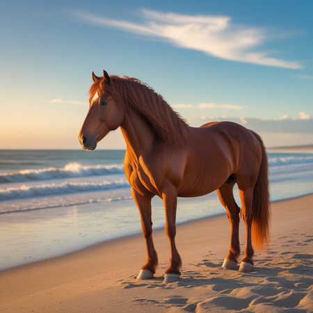 Horse on the beach at sunset. Beautiful seascape backgroundの素材