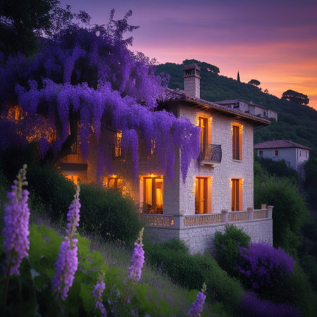 Beautiful villa with purple wisteria flowers at sunset.の素材
