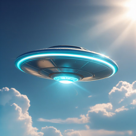 UFO flying in the blue sky. 3d rendering. Computer digital image.の素材