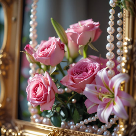 Beautiful bouquet of pink roses with pearls on the mirror backgroundの素材