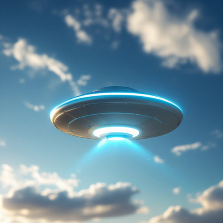 UFO flying in the blue sky. 3d rendering. Flying saucer.の素材
