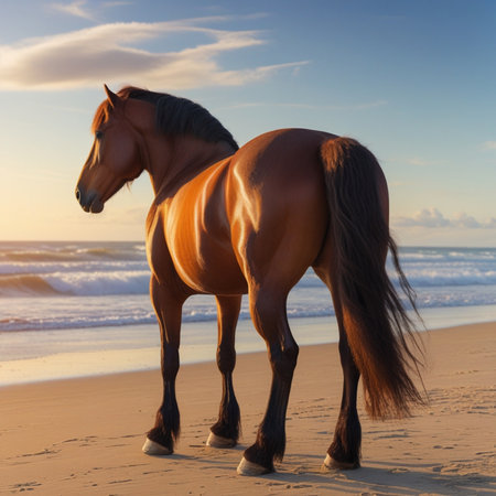 Beautiful brown horse on the beach at sunset, Spain, Costa del Solの素材