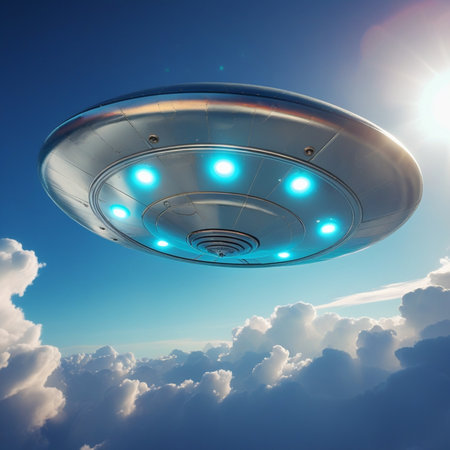 UFO flying in the blue sky. 3d render illustration.の素材