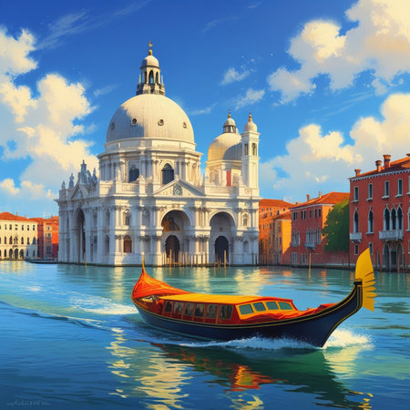 Venice grand canal with gondola and Basilica di Santa Maria della Salute, Italyの素材