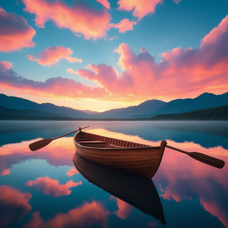 Wooden boat on the lake at sunrise. Colorful landscape.の素材