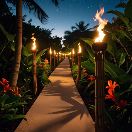 Beautiful illuminated path in the garden at night, Thailand.の素材