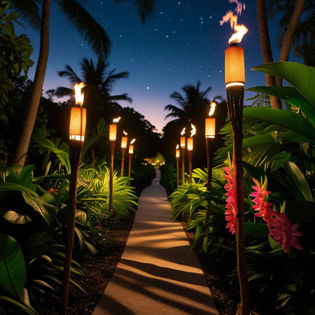 Lighting in the garden at night with starry sky background.の素材