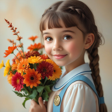 Portrait of a cute little girl with a bouquet of flowersの素材