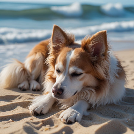 Portrait of a cute red border collie dog lying on the beachの素材
