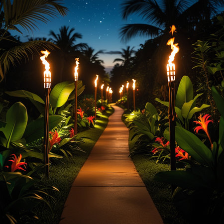 Lighting in the garden at night time. 3D rendering.の素材