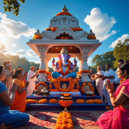 Hindu devotees worshiping Lord Ganesha in Kolkata, West Bengal, Indiaの素材