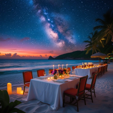 Romantic dinner on a tropical beach at night with starry skyの素材