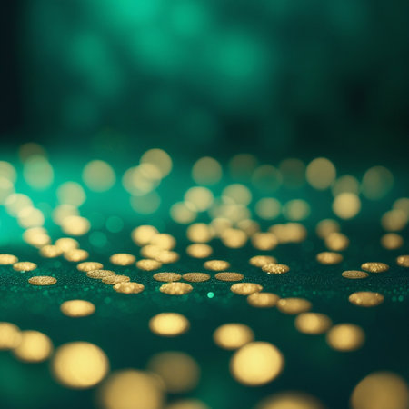 golden glitter on green bokeh background. abstract glitter backgroundの素材