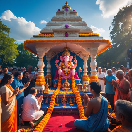 Hindu devotees worshiping Lord Ganesha in Kolkata, West Bengal, Indiaの素材