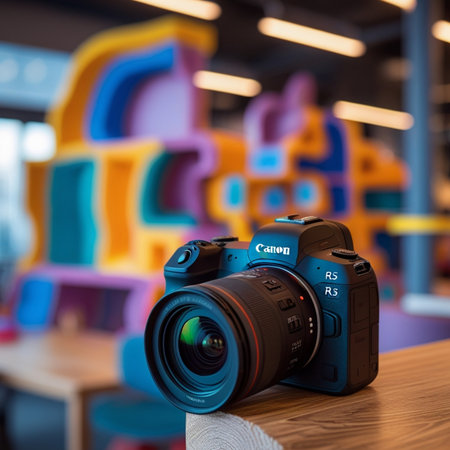 Digital SLR camera in a childrens room with colorful furniture.の素材