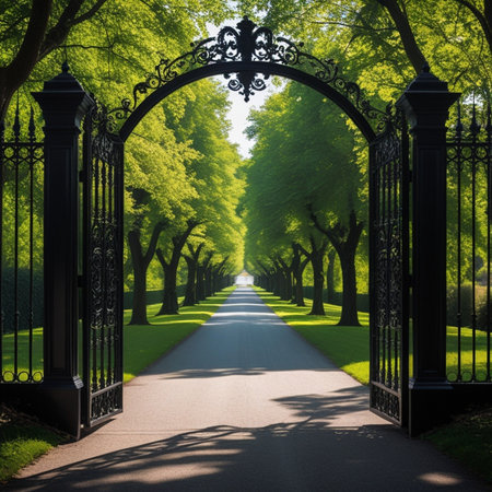 Pathway through the green park with trees in the background, 3d renderの素材