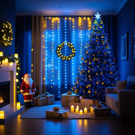 Christmas tree with gifts and Santa Claus in the living room at nightの素材