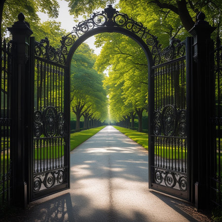 Wrought iron gate in the park. Perspective view. Spring time.の素材